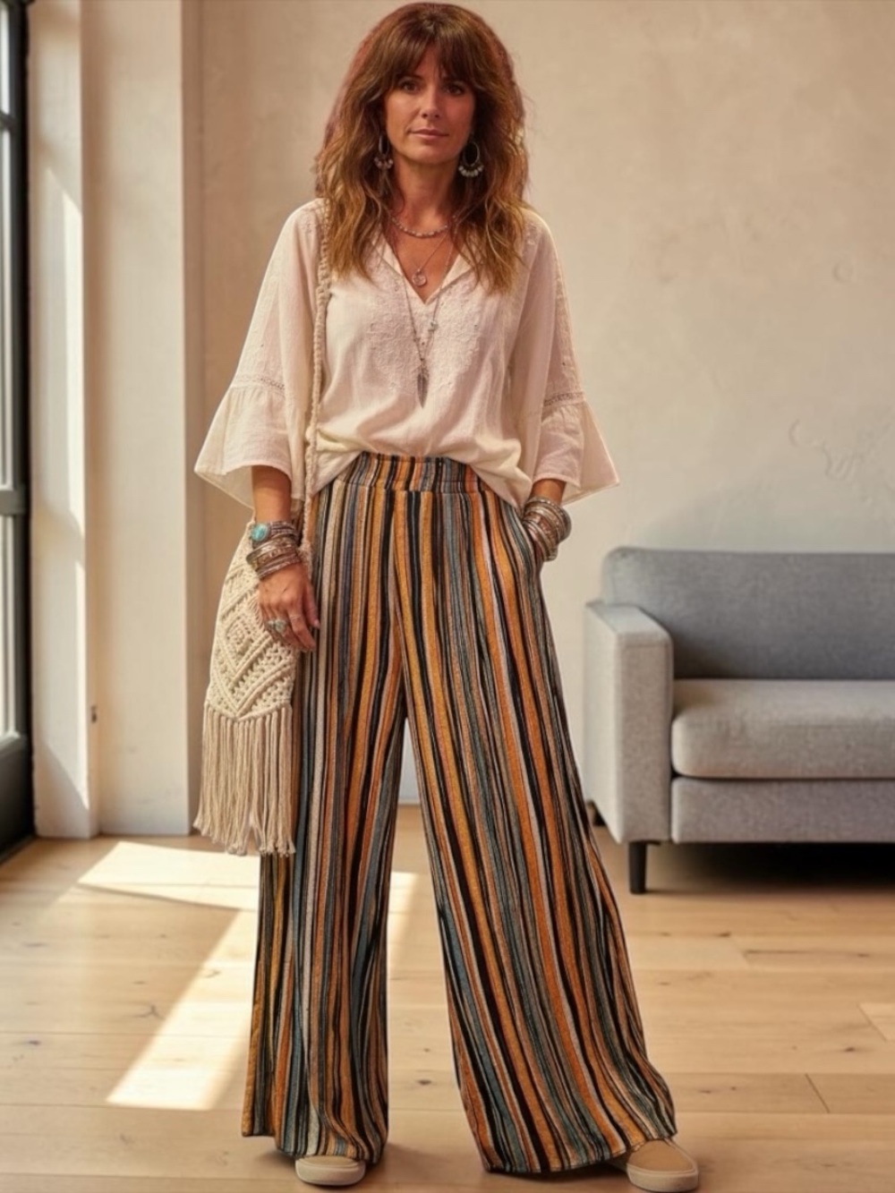 Super Comfy Wide-Leg Striped Pants - Cream & Multicolor. Great for traveling!